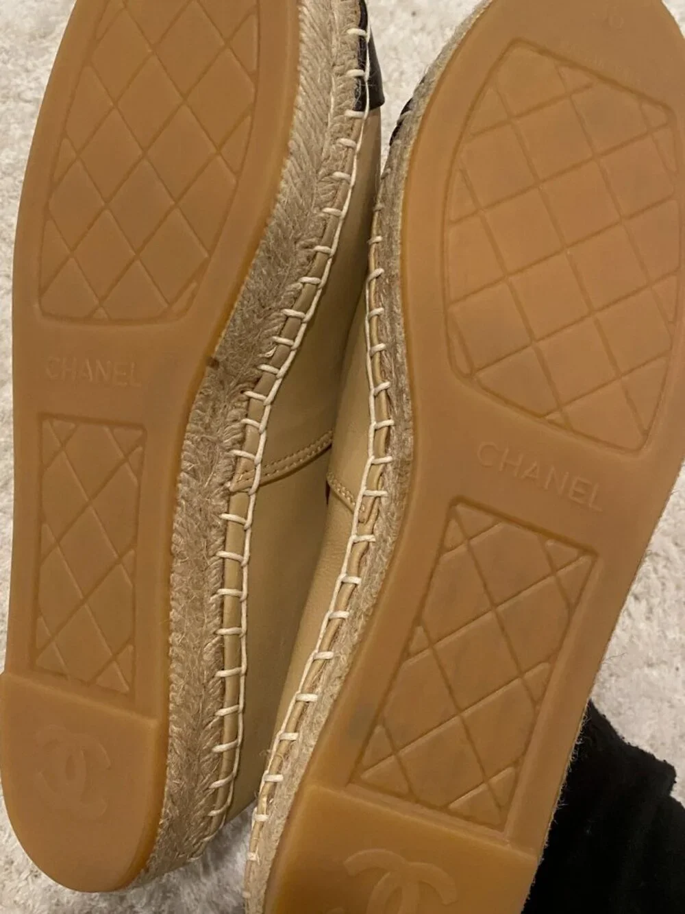 CHANEL CC Beige Black Lambskin Leather Espadrilles